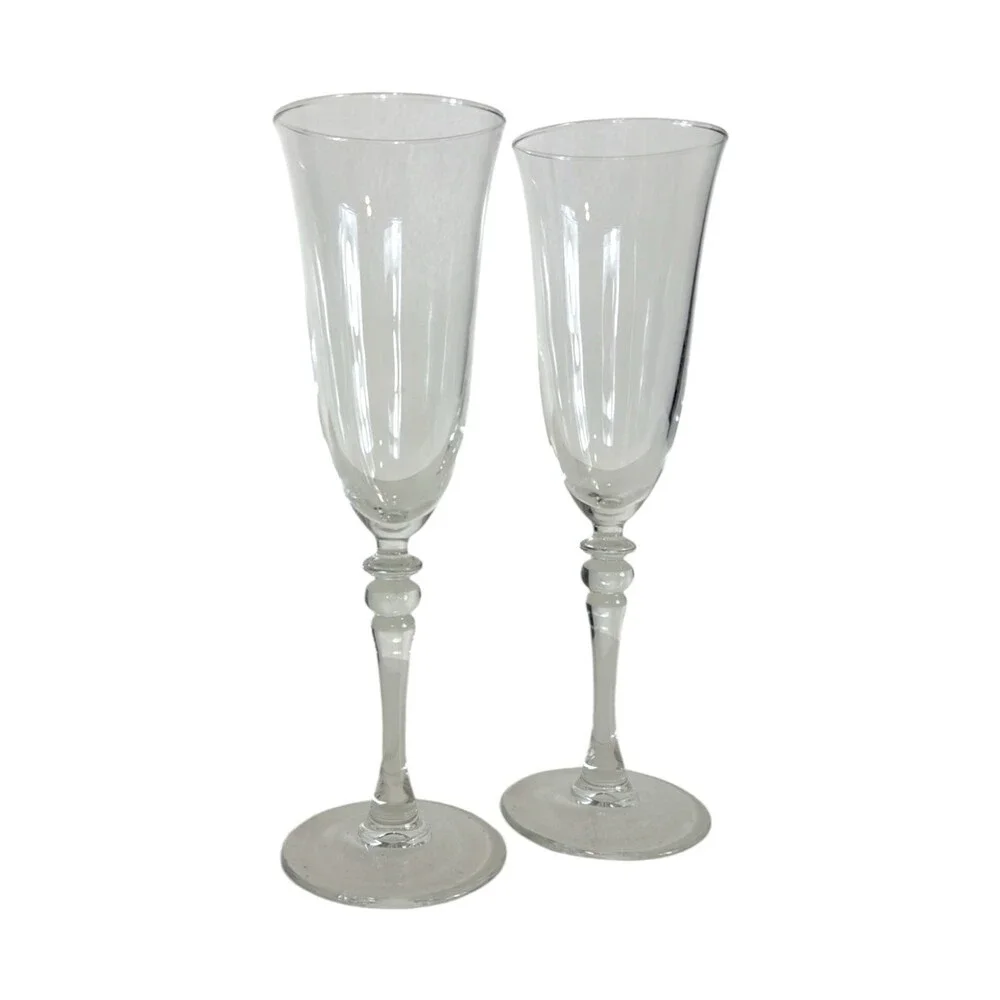 Vintage Clear Crystal Champagne Flutes Pair Trumpet Bowl Baluster Stem Glasses 2